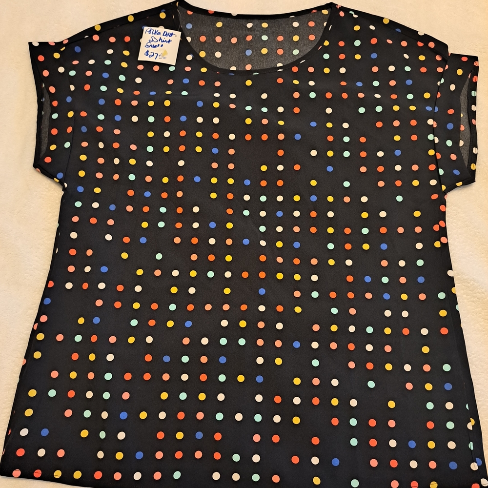 Black Polka Dot Short Sleeve Blouse — Multi-Color Dots